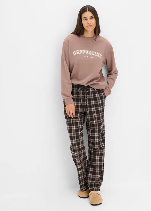 Loungewear Sweat Hausanzug mit Flanellhose in braun im Look von vorne (Totalaufnahme) - bonprix