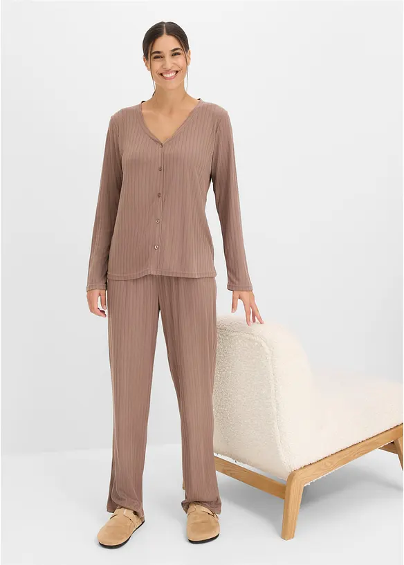 Weit geschnittener Loungewear Hausanzug aus weichem Pointelle-Jersey in braun von vorne (Totalaufnahme) - bonprix