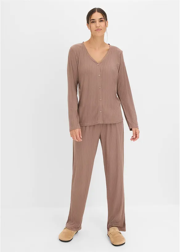 Weit geschnittener Loungewear Hausanzug aus weichem Pointelle-Jersey in braun im Look von vorne (Totalaufnahme) - bonprix