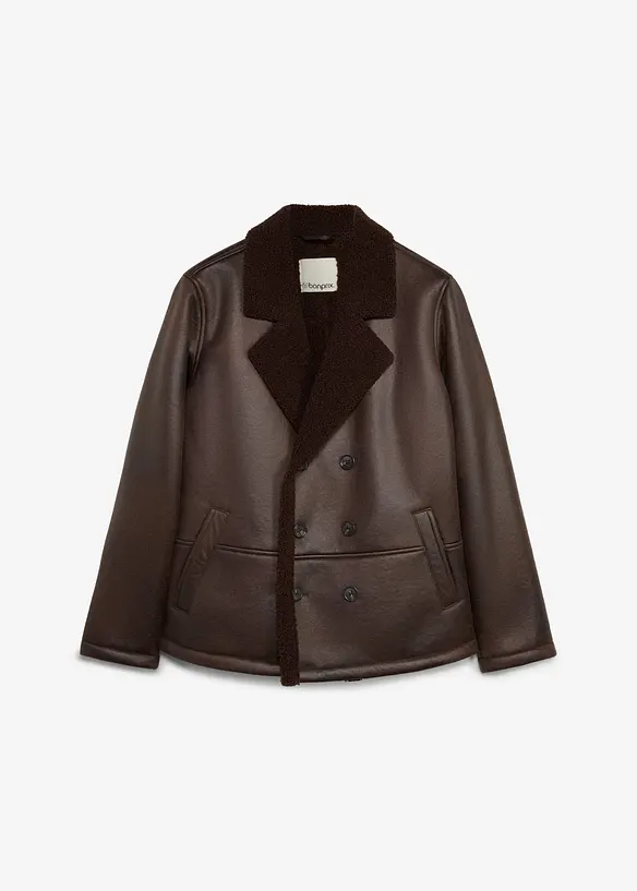 Lederimitat-Jacke mit Teddyfutter in braun von vorne - bonprix