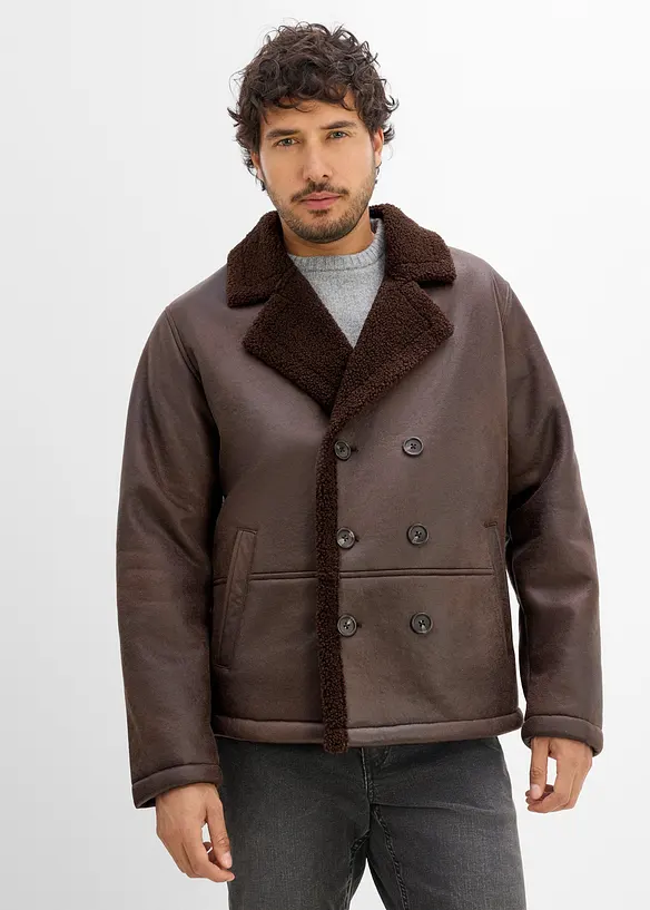 Lederimitat-Jacke mit Teddyfutter in braun von vorne (im Anschnitt) - bonprix