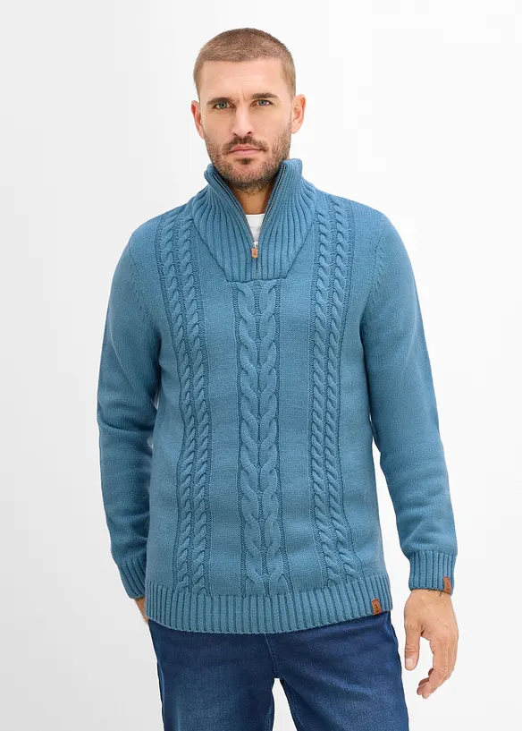 Troyer mit Zopfmuster in blau von vorne (im Anschnitt) - bonprix