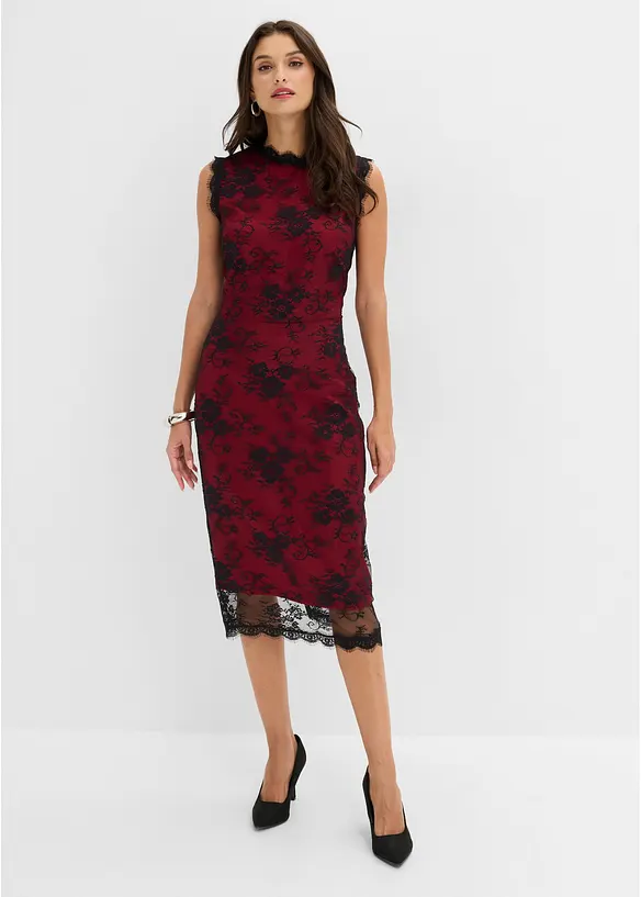 Spitzenkleid mit glänzendem Satin-Futter in schwarz von vorne (Totalaufnahme) - bonprix