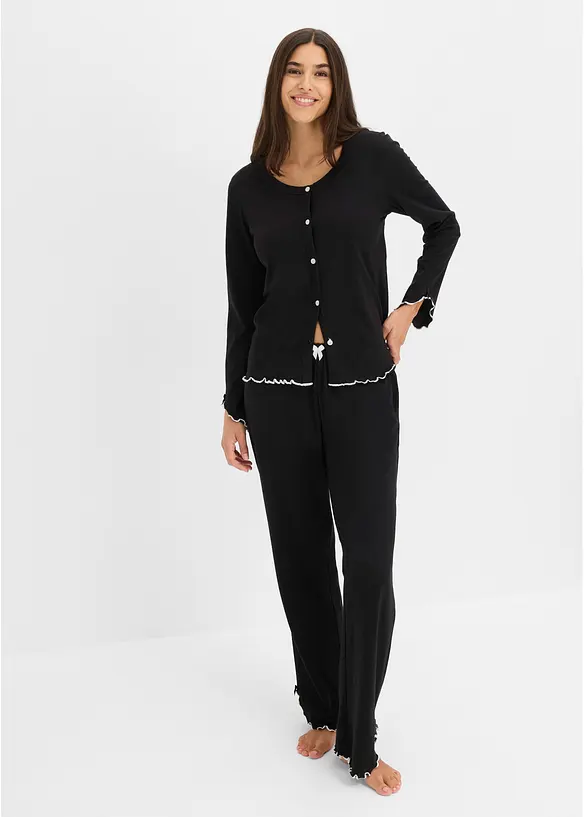 Pyjama aus weicher Baumwolle mit Knopfleiste in schwarz von vorne (Totalaufnahme) - bonprix
