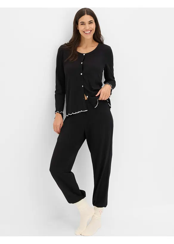 Pyjama aus weicher Baumwolle mit Knopfleiste in schwarz im Look von vorne (Totalaufnahme) - bonprix