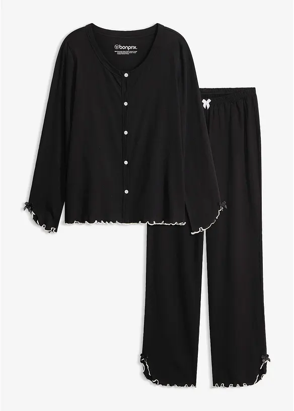 Pyjama aus weicher Baumwolle mit Knopfleiste in schwarz von vorne - bonprix