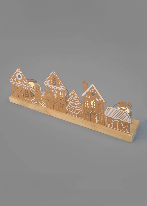 Teelichthalter mit Häusern in Lebkuchen Design in braun von vorne - bonprix