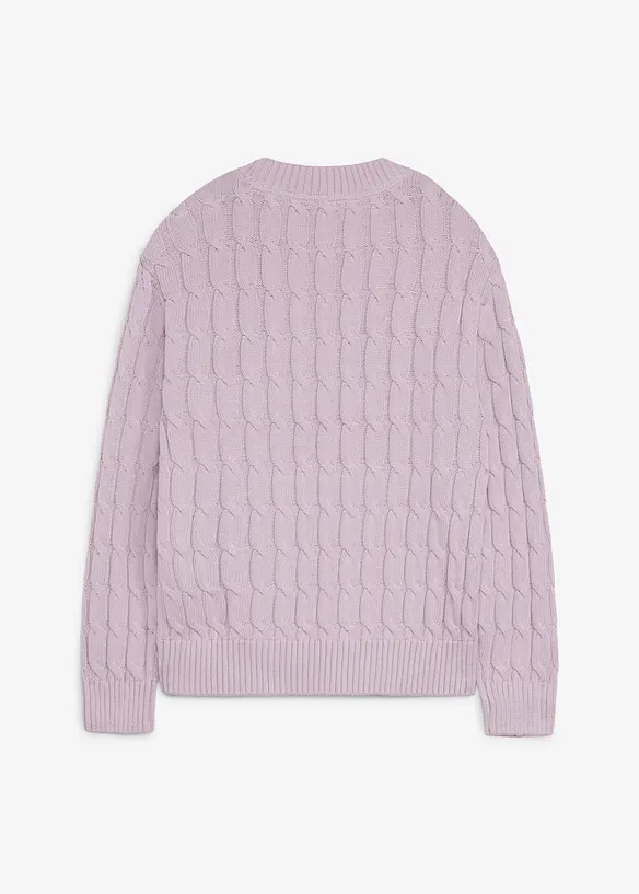 Pullover mit Zopfstrickmuster aus reiner Bio-Baumwolle in lila von hinten - bonprix
