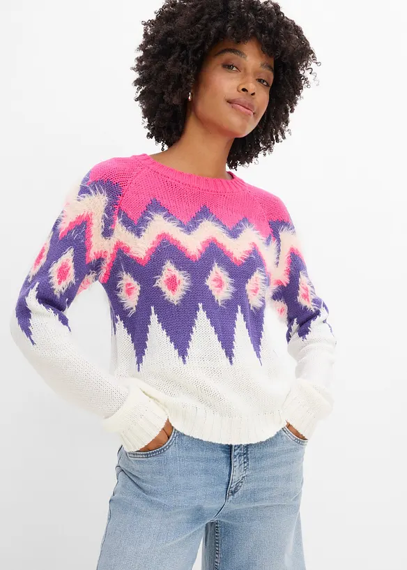 Fair-Isle-Grobstrick-Pullover in weiß von vorne (im Anschnitt) - bonprix