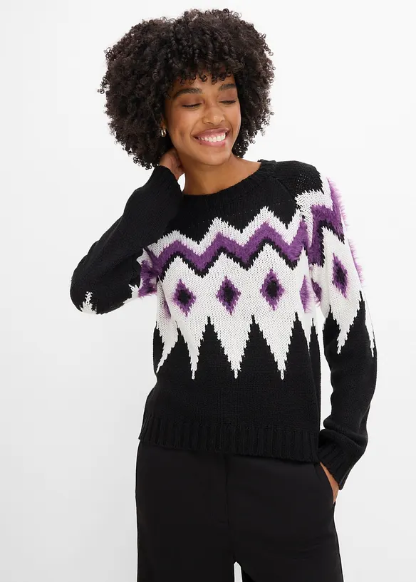 Fair-Isle-Grobstrick-Pullover in schwarz von vorne (im Anschnitt) - bonprix