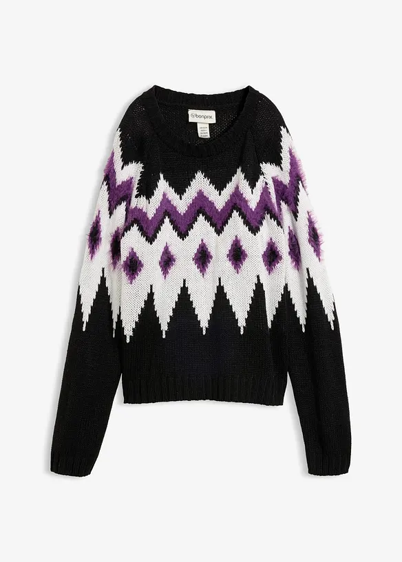 Fair-Isle-Grobstrick-Pullover in schwarz von vorne - bonprix