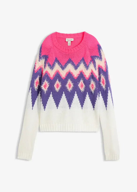 Fair-Isle-Grobstrick-Pullover in weiß von vorne - bonprix