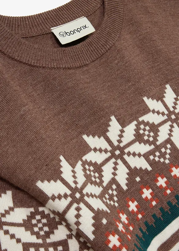 Feinstrickpullover mit Norwegermuster in braun - bonprix