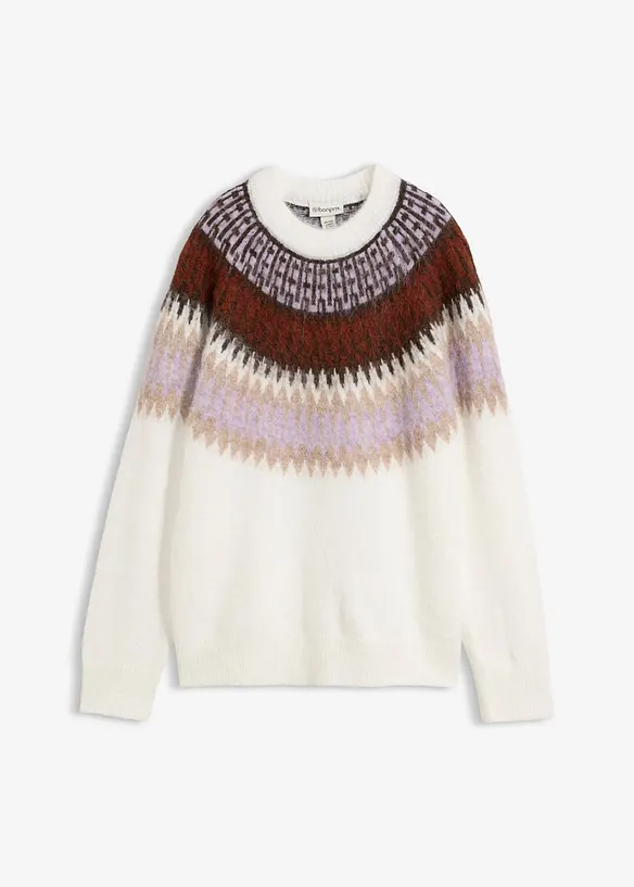Norweger-Pullover mit Rundhals-Ausschnitt in weiß von vorne - bonprix