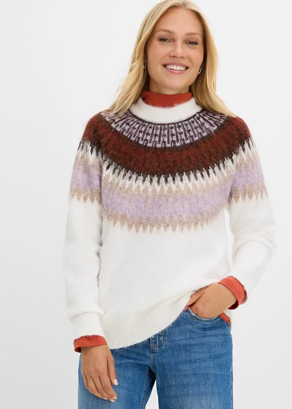 Norweger-Pullover mit Rundhals-Ausschnitt in weiß von vorne (im Anschnitt) - bonprix