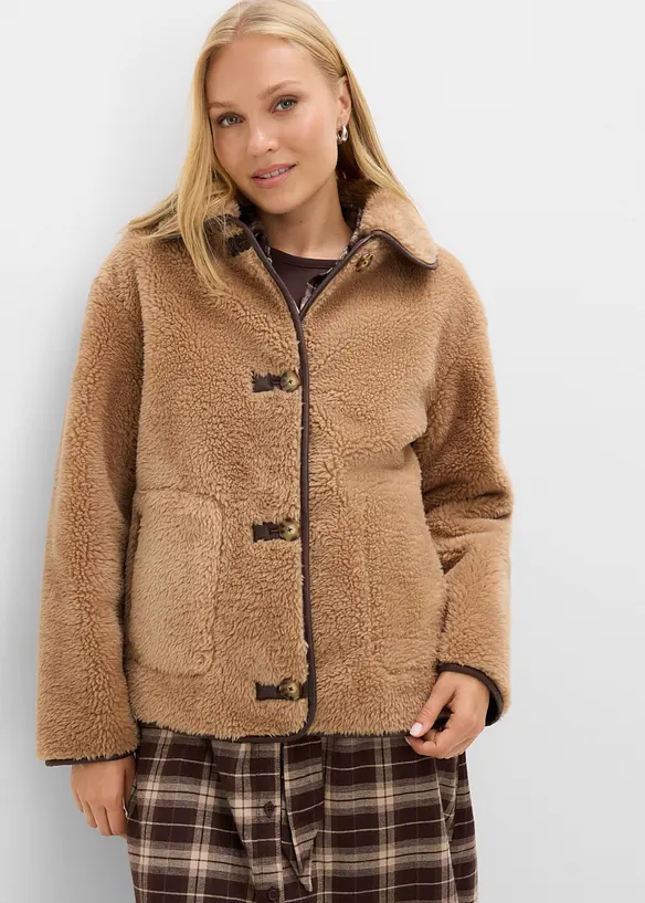 Fellimitat-Jacke mit dekorativen Riegelknöpfen in braun von vorne (im Anschnitt) - bonprix