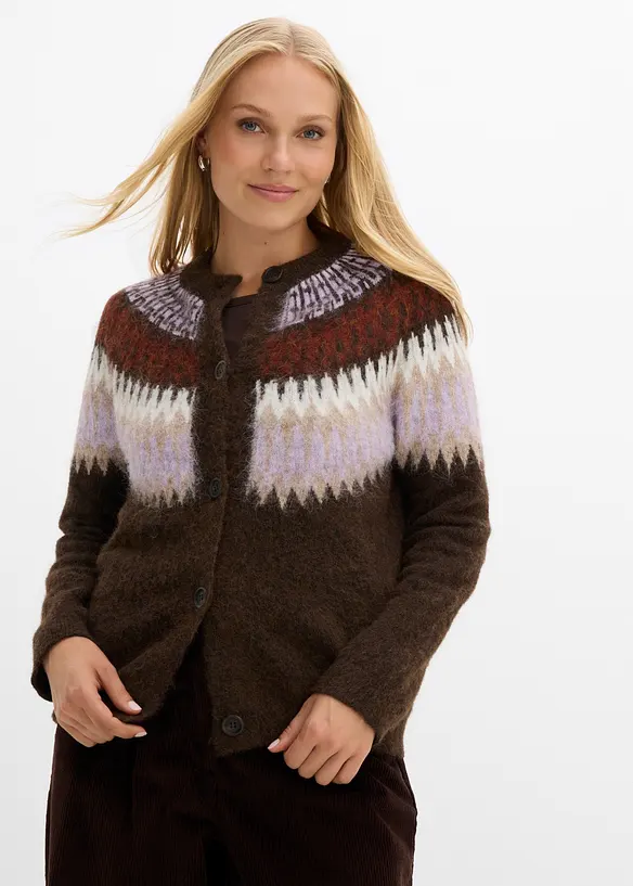 Norweger-Strickjacke in braun von vorne (im Anschnitt) - bonprix