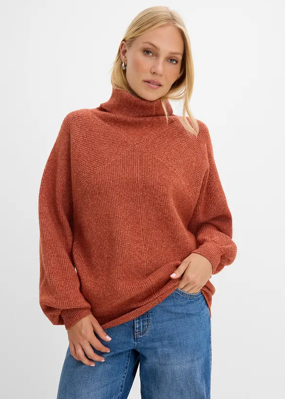Rollkragenpullover mit Pufferärmeln in braun von vorne (im Anschnitt) - bonprix