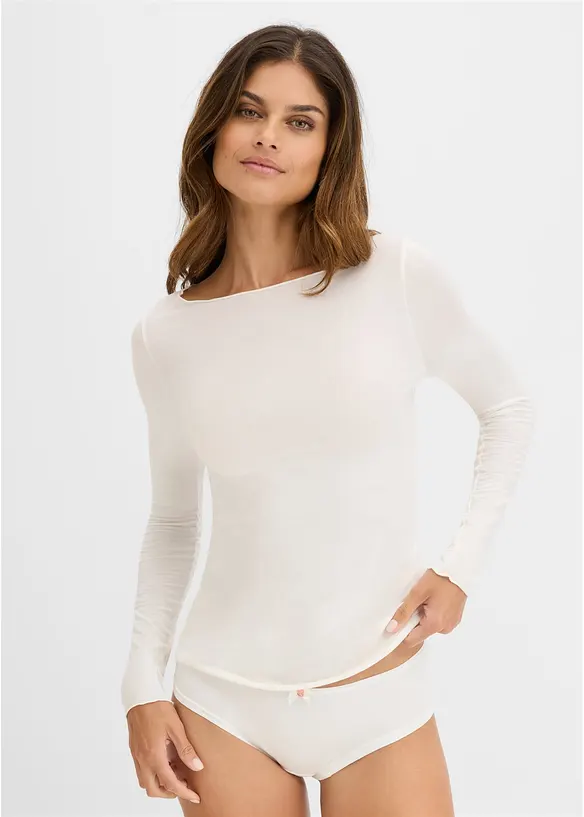 Ultralight Langarmshirt mit U-Boot-Ausschnitt aus Kaschmir-Mix in weiß von vorne (im Anschnitt) - bonprix