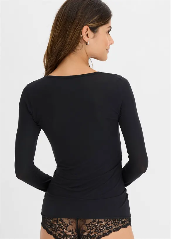 Ultralight Langarmshirt mit Rundhals-Ausschnitt aus Kaschmir-Mix in schwarz von hinten (im Anschnitt) - bonprix