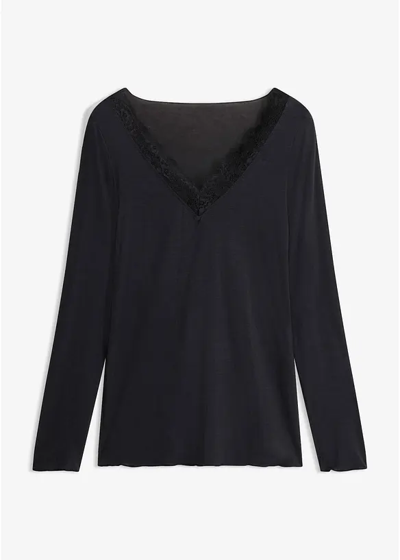 Ultralight Langarmshirt mit V-Ausschnitt und Spitze aus Kaschmir-Mix in schwarz von vorne - bonprix