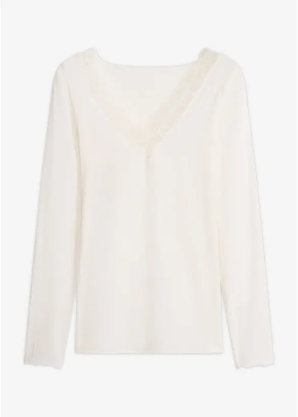 Ultralight Langarmshirt mit V-Ausschnitt und Spitze aus Kaschmir-Mix in weiß von vorne - bonprix