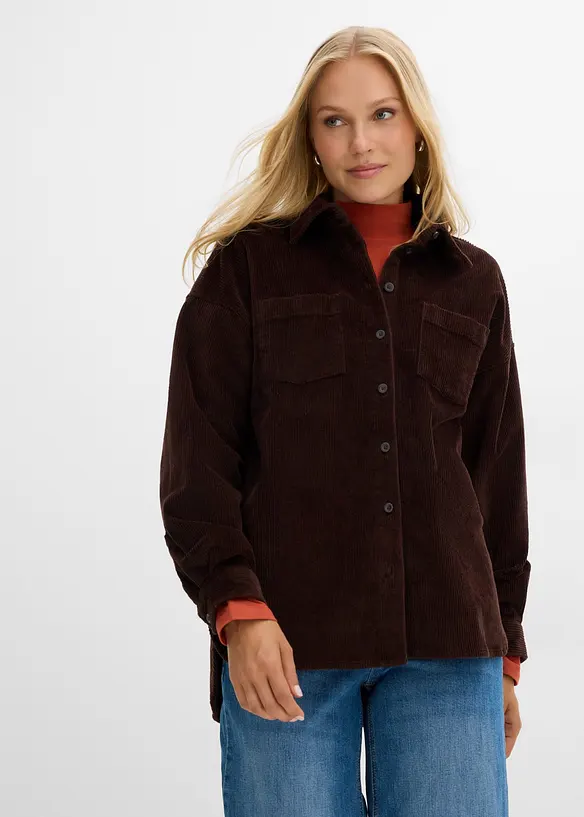 Oversize Cord-Shacket aus Baumwoll-Mix in braun von vorne (im Anschnitt) - bonprix