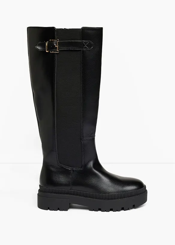 Gefütterte Weitschaftstiefel mit Stretch-Einsatz in schwarz - bonprix