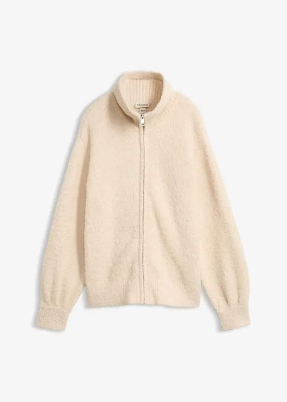 Bouclé-Strickjacke in beige von vorne - bonprix