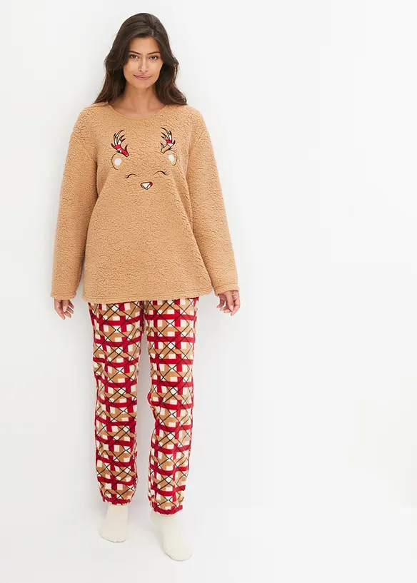 Loungewear Hausanzug aus Fleece mit Stickerei in beige von vorne (Totalaufnahme) - bonprix
