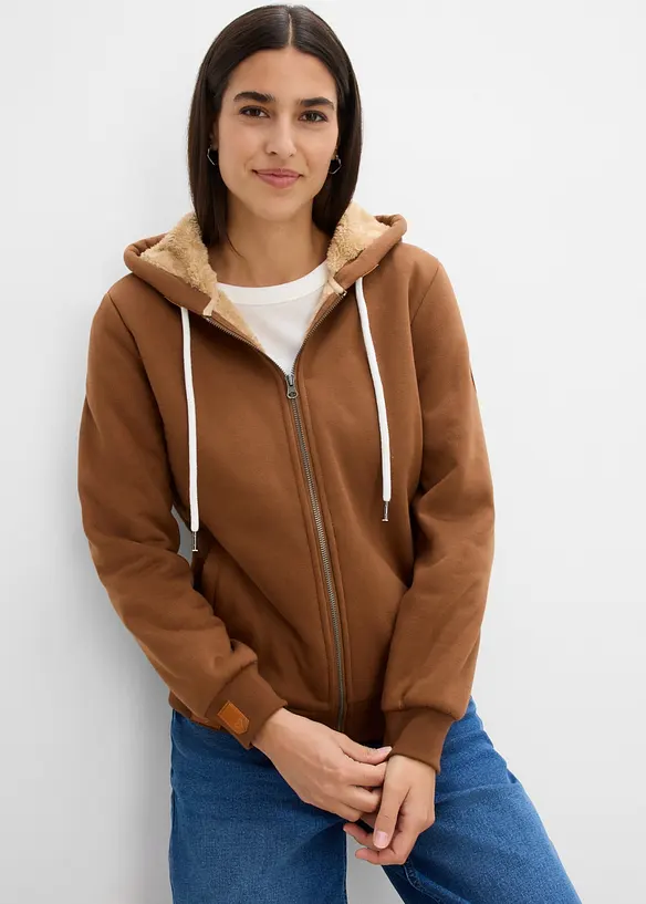 Kapuzen-Sweatjacke mit Teddyfutter in braun von vorne (im Anschnitt) - bonprix Kapuzen-Sweatjacke mit Teddyfutter in braun von vorne (im Anschnitt) - bonprix