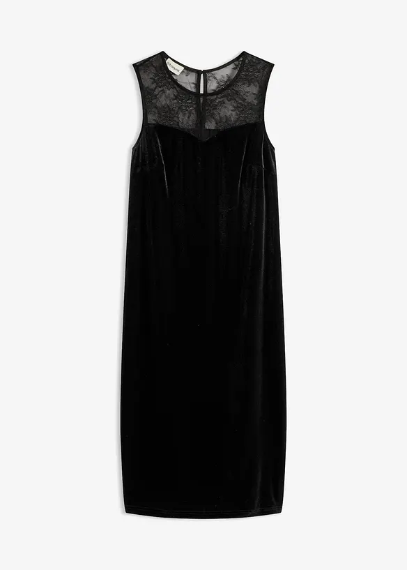 Kleid aus Samt mit Spitzeneinsatz in schwarz von vorne - bonprix