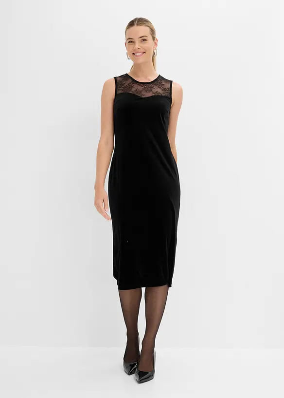 Kleid aus Samt mit Spitzeneinsatz in schwarz von vorne (Totalaufnahme) - bonprix