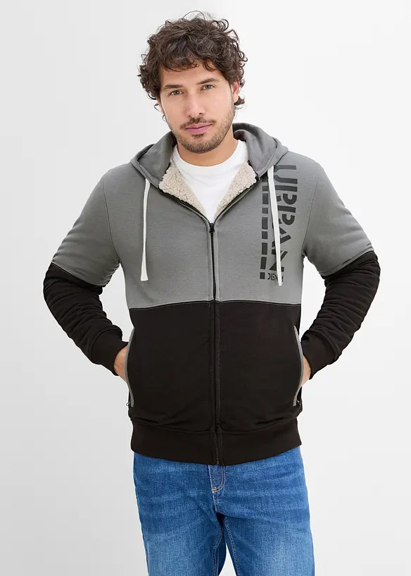 Thermo-Sweatjacke mit wärmendem Teddyfleece-Futter in grau von vorne (im Anschnitt) - bonprix