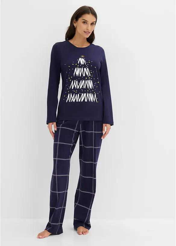 Pyjama aus weicher Baumwolle  mit Geschenktasche in blau von vorne (Totalaufnahme) - bonprix
