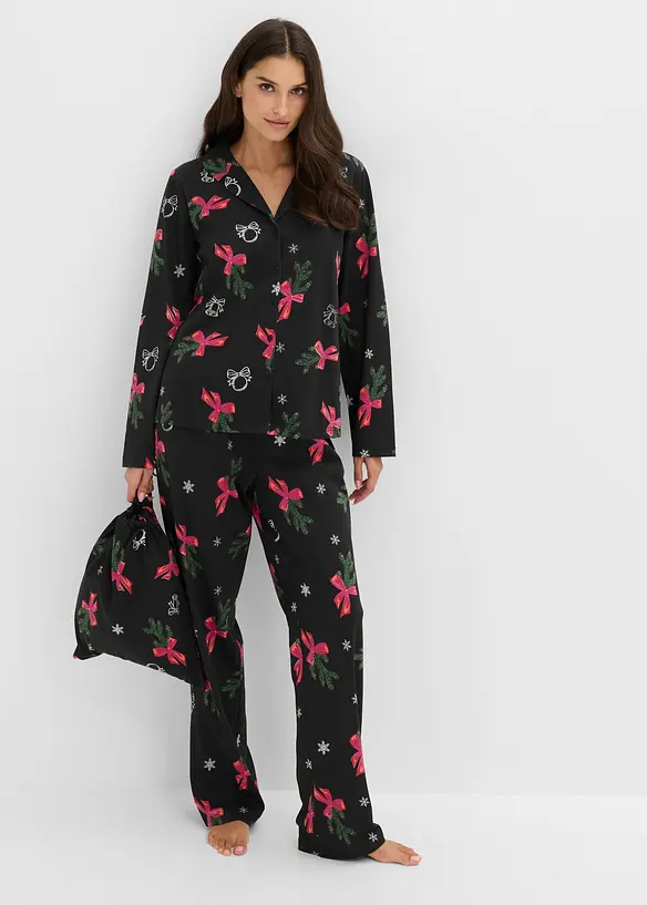 Pyjama aus reiner Baumwolle mit Geschenktasche in schwarz im Look von vorne (Totalaufnahme) - bonprix