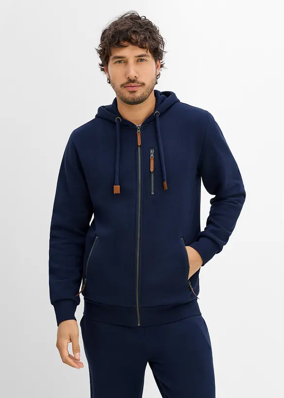 Sweatjacke aus schwerer Qualität mit PU-Details in blau von vorne (im Anschnitt) - bonprix