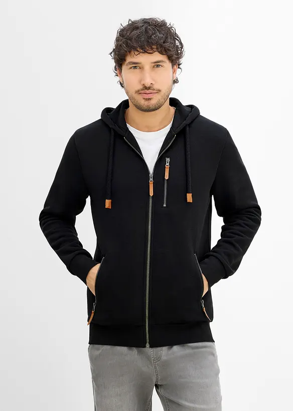 Sweatjacke aus schwerer Qualität mit PU-Details in schwarz von vorne (im Anschnitt) - bonprix