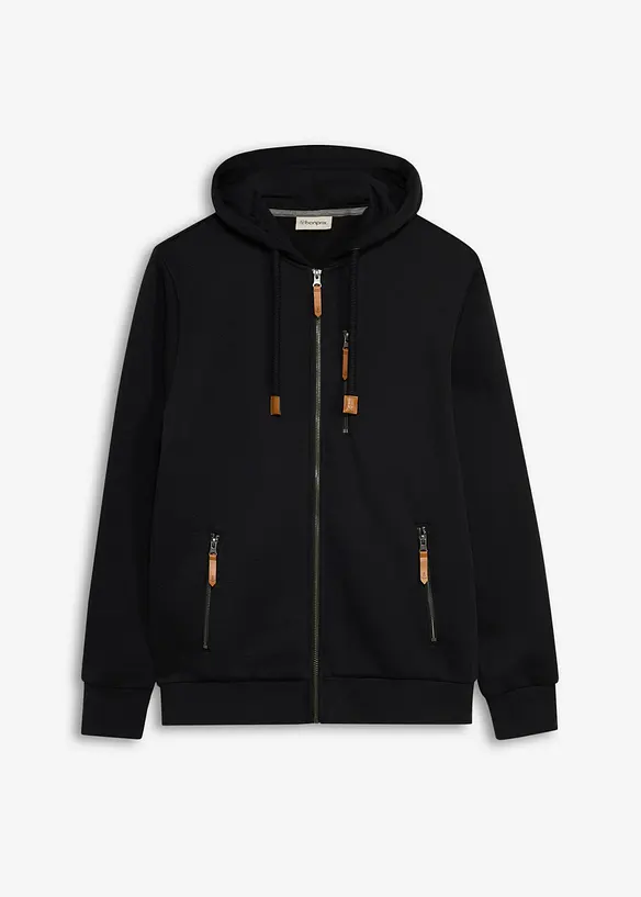 Sweatjacke aus schwerer Qualität mit PU-Details in schwarz von vorne - bonprix