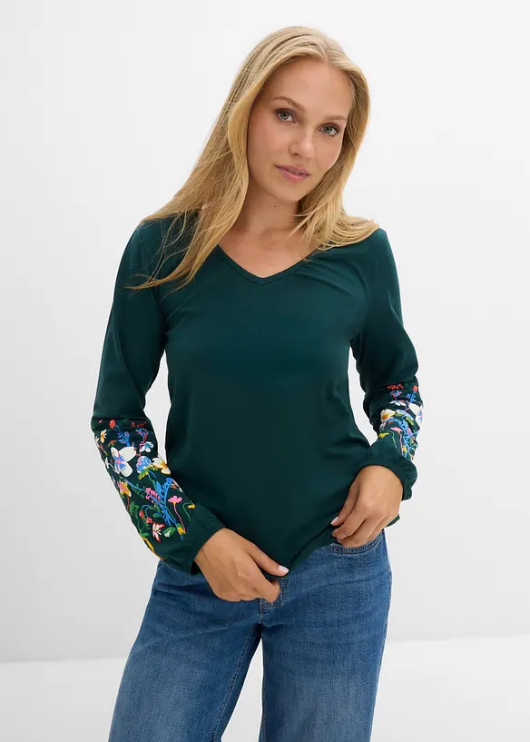 Langarmshirt aus Bio-Baumwoll-Stretch in grün von vorne (im Anschnitt) - bonprix Langarmshirt aus Bio-Baumwoll-Stretch in grün von vorne (im Anschnitt) - bonprix