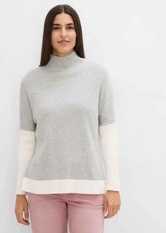 Loose-Fit Pullover mit seitlichem Schlitz aus Baumwoll-Mix in grau von vorne (im Anschnitt) - bonprix