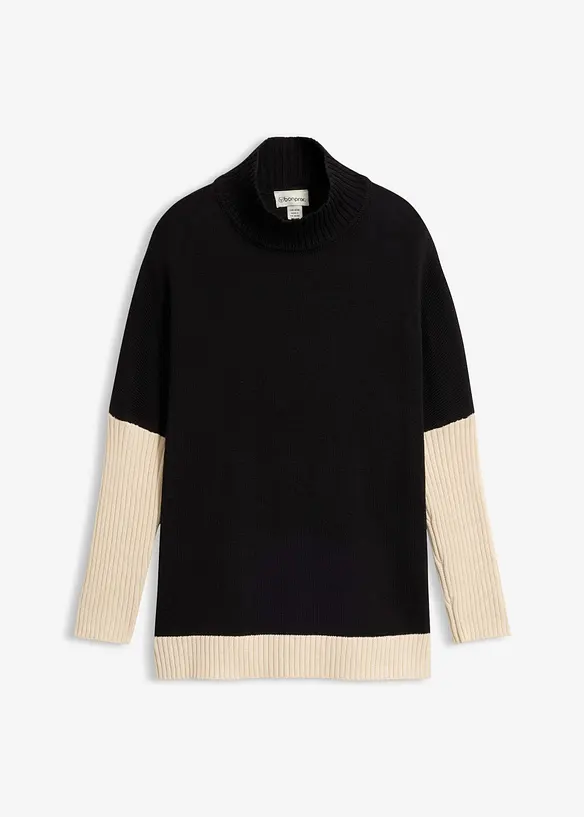 Loose-Fit Pullover mit seitlichem Schlitz aus Baumwoll-Mix in schwarz von vorne - bonprix