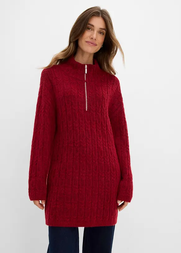 Longpullover mit Zopfmuster in rot von vorne (im Anschnitt) - bonprix