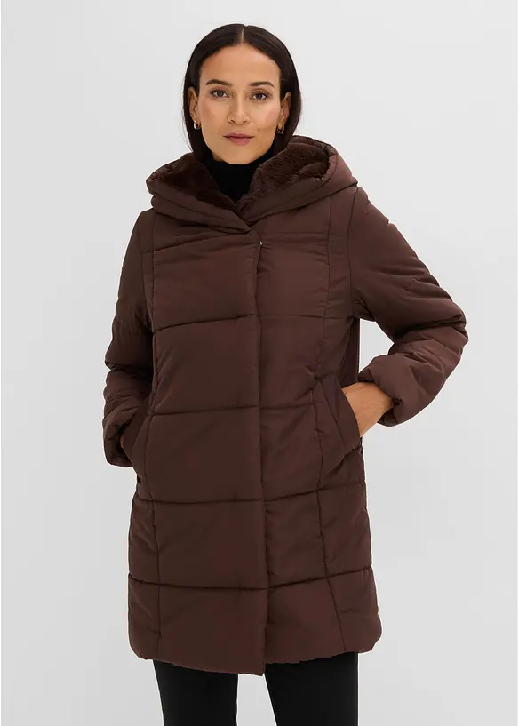 Steppjacke mit Fellimitat Besatz in braun von vorne (im Anschnitt) - bonprix