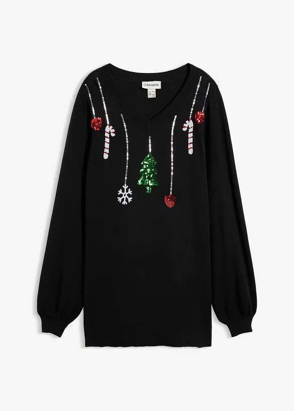Weihnachtlicher Umstands- und Stillpullover mit Pailletten in schwarz von vorne - bonprix