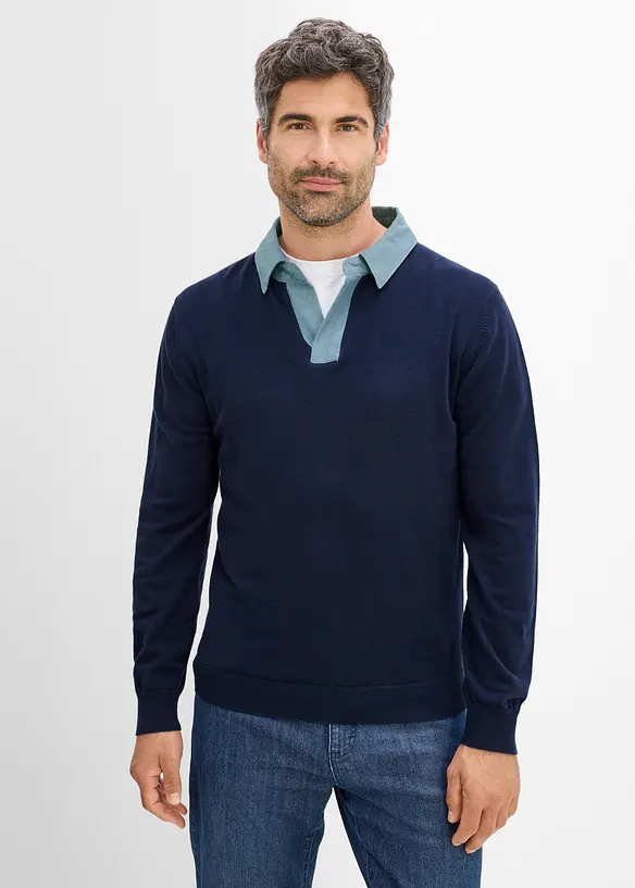 Feinstrickpullover in 2 in 1 Optik in blau von vorne (im Anschnitt) - bonprix
