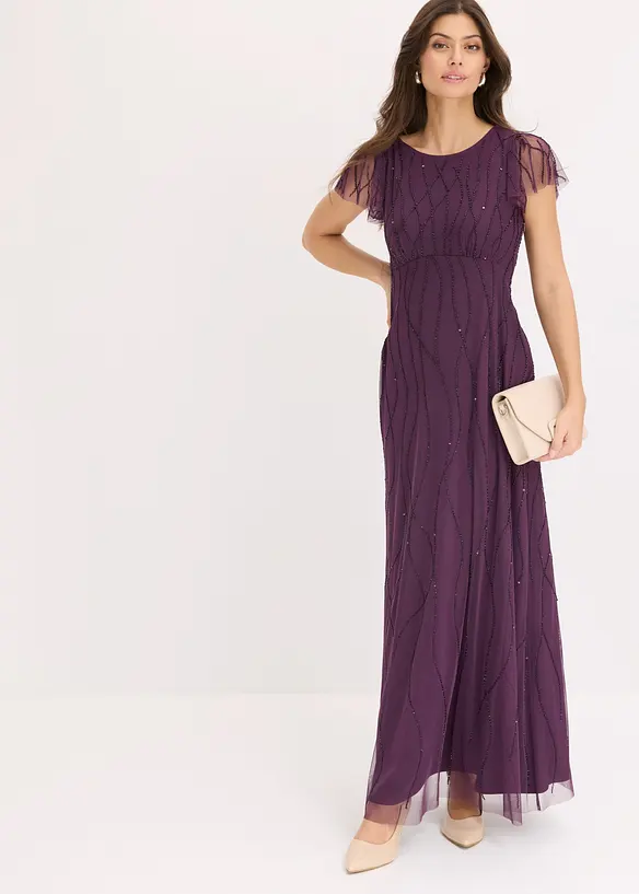 Maxikleid aus zartem Tüll mit Perlenstickerei in lila von vorne (Totalaufnahme) - bonprix Maxikleid aus zartem Tüll mit Perlenstickerei in lila von vorne (Totalaufnahme) - bonprix