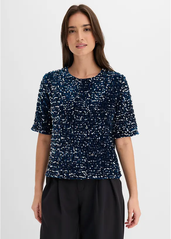 Pailletten-Shirt aus softem Samt in petrol von vorne (im Anschnitt) - bonprix