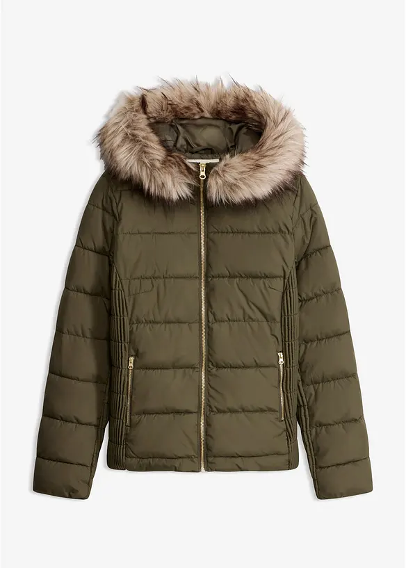 Steppjacke mit Fellimitatkragen in grün von vorne - bonprix