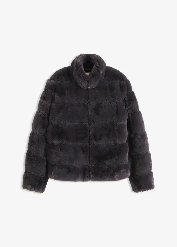Fellimitat-Jacke mit Reißverschluss in grau von vorne - bonprix